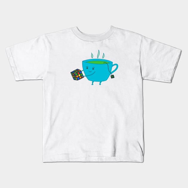 A Cup of Tea Solves Everything - cute blue tea cup with Rubik cube Kids T-Shirt by Green Paladin